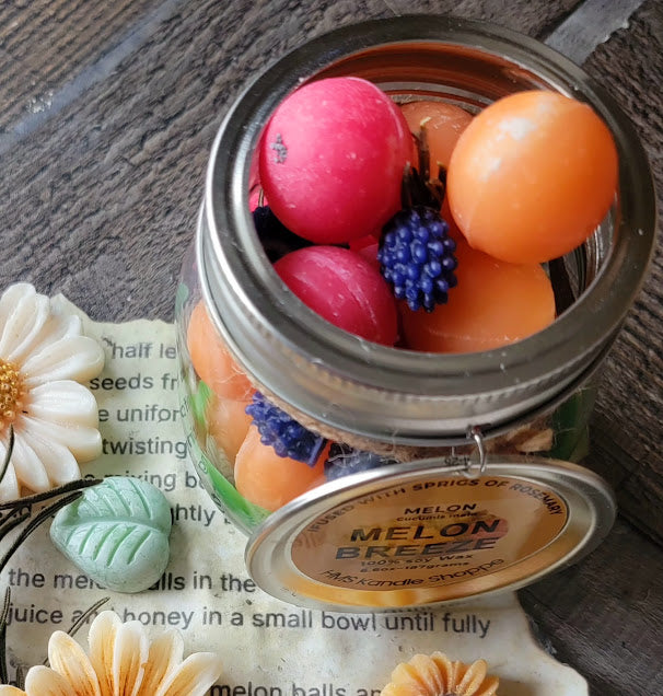 Melon Breeze Wickless Kandle-Mason Jar
6.6oz-187grams Glass Mason Jar
Remember watermelon fruit bowls?? π
A jar full of fun and good energy!
This wickless kandle is packed with full of cantaloupe and watermelon balls mixed with a few raspberries. Infused with Sprigs of Rosemary. This kandle is scented with an amazing fragrance oil of Melon Breeze. It just takes you right into a beautiful Spring or Summer Day! The combination of the colors, melon fragrance and rosemary all work together to assist bringi