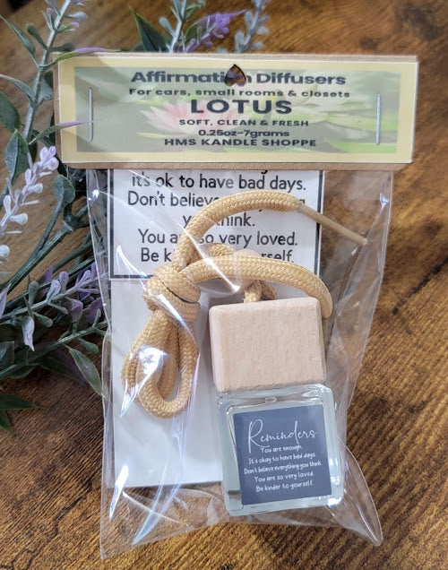 Affirmation Car Diffusers
0.25oz~7grams Glass & Wood Bottles
Can be used in cars or small rooms
All come with a beautiful affirmation to remind us to be kind to ourselves. We are important and loved. ❤️
Available in 4 fragrances:
Flower Petals~ Shimmery White Liquid with a fresh Sandalwood and musk fragrance.
The Pine~ Shimmery Green Liquid with a fresh outdoor fragrance.
Tropical Jungle~ clear liquid with a tropical fruity fragrance.
Lotus~ clear liquid with a soft fresh and clean fragrance.