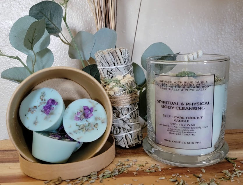 Self Care Tool Kit Kandle- Spiritual & Physical Body Cleansing

100% Soy Wax Glass Jar

8oz~226.7grams

Spiritual &amp; Physical Body Cleansing Kandle- is not only beautiful, but it has multiple uses! A combination of fragrances and herbs to help cleanse our energy in the spirit and in our physical bodies. Visual ~ White and Green/Blue. Beautiful golden-green/blue hues and swirls.

Natural Cotton Wick

Fragrance~ Lavender, Chamomile and Eucalyptus.

Herbs~ Lavender and Blue Sage

Lavender and Chamomile 
