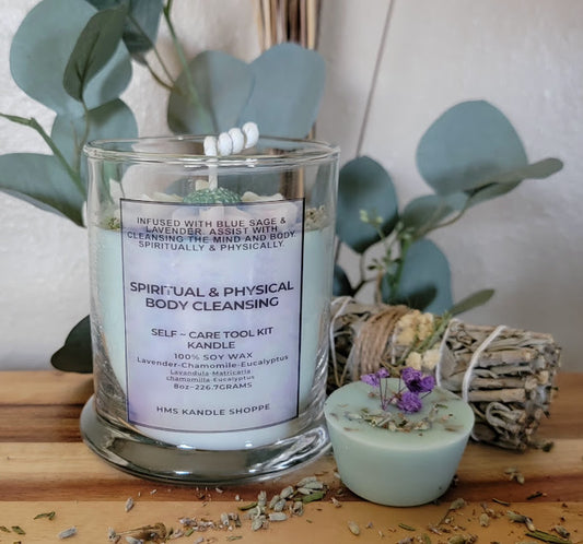 Self Care Tool Kit Kandle- Spiritual &amp; Physical Body Cleansing

100% Soy Wax Glass Jar

8oz~226.7grams

Spiritual &amp; Physical Body Cleansing Kandle- is not only beautiful, but it has multiple uses! A combination of fragrances and herbs to help cleanse our energy in the spirit and in our physical bodies. Visual ~ White and Green/Blue. Beautiful golden-green/blue hues and swirls.

Natural Cotton Wick

Fragrance~ Lavender, Chamomile and Eucalyptus.

Herbs~ Lavender and Blue Sage

Lavender and Chamomile 