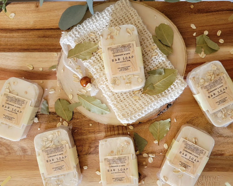 Spiritual Bathing for baths or showers. Includes: one~3.6oz-102grams Soap Bar&nbsp;

A beautiful Rustic Cashmere scent infused with Whole Rolled Oats to keep us grounded in Earth Energy.

This is a Melt and Pour Goat Milk Soap Base. Pumpkin Powder used for colorant only. Infused with Whole Rolled Oat pieces for spiritual grounding.&nbsp;

Natural Plant~Based Sisal Soap Saver Pouch-Sold seperately.

*Directions~Lather &amp; Rinse.&nbsp;

*Pieces of whole rolled oats may release from soap bar during use. Usin