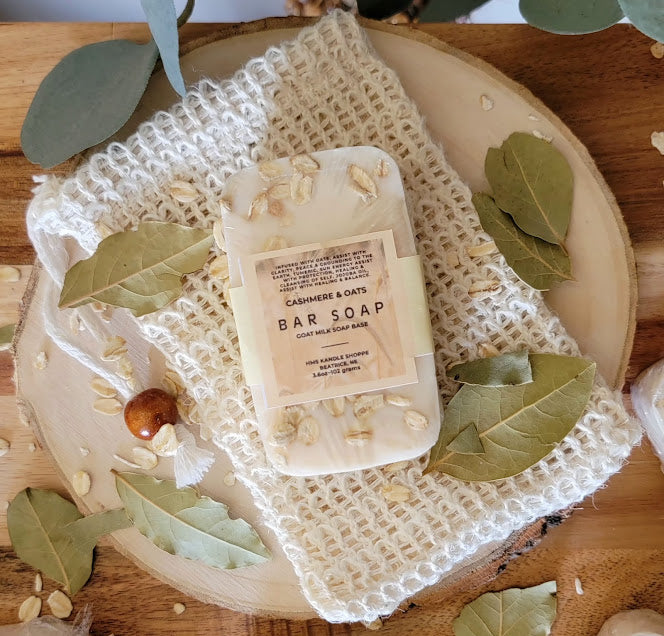 Spiritual Bathing for baths or showers. Includes: one~3.6oz-102grams Soap Bar&nbsp;

A beautiful Rustic Cashmere scent infused with Whole Rolled Oats to keep us grounded in Earth Energy.

This is a Melt and Pour Goat Milk Soap Base. Pumpkin Powder used for colorant only. Infused with Whole Rolled Oat pieces for spiritual grounding.&nbsp;

Natural Plant~Based Sisal Soap Saver Pouch-Sold seperately.

*Directions~Lather &amp; Rinse.&nbsp;

*Pieces of whole rolled oats may release from soap bar during use. Usin