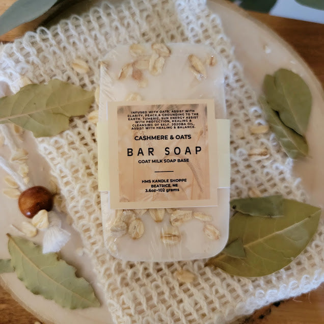Spiritual Bathing for baths or showers. Includes: one~3.6oz-102grams Soap Bar&nbsp;

A beautiful Rustic Cashmere scent infused with Whole Rolled Oats to keep us grounded in Earth Energy.

This is a Melt and Pour Goat Milk Soap Base. Pumpkin Powder used for colorant only. Infused with Whole Rolled Oat pieces for spiritual grounding.&nbsp;

Natural Plant~Based Sisal Soap Saver Pouch-Sold seperately.

*Directions~Lather &amp; Rinse.&nbsp;

*Pieces of whole rolled oats may release from soap bar during use. Usin