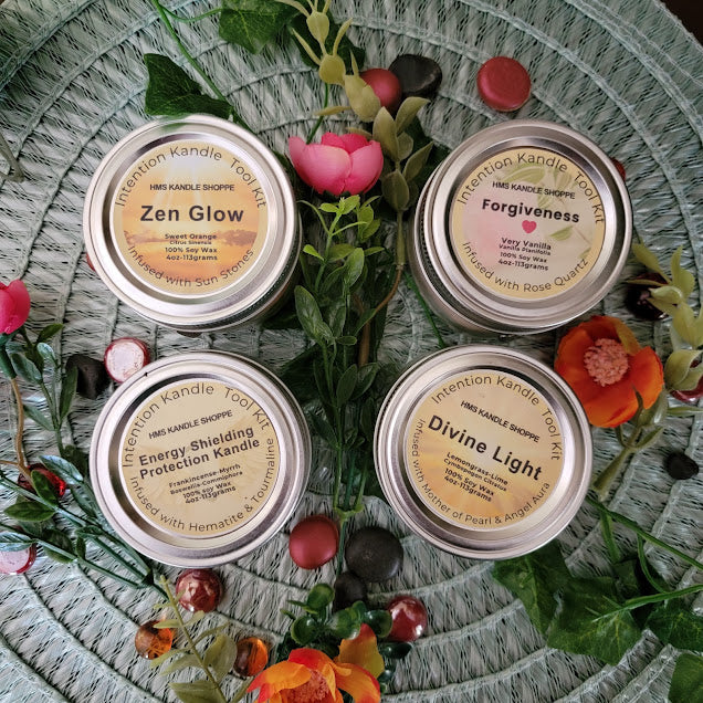 Intention Kandle Tool Kit-Spiritual

4oz-113grams- Glass Mason Jar

100% Soy Wax

A variety of intention candles to assist you with all your needs.&nbsp;

Zen Glow- Sweet Orange Fragrance. Infused with Sun Stone Crystals. Personal Power: It stimulates the Sacral and Solar Plexus chakras, empowering you to step into your true potential and embrace leadership roles. High Vibrational Sun Energy.

Forgiveness- Vanilla Fragrance. Infused with Rose Quartz Crystals. Universal Love &amp; Self-Love, Emotional Healin