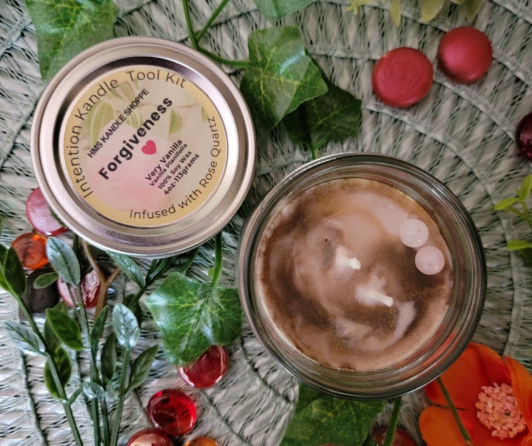 Intention Kandle Tool Kit-Spiritual

4oz-113grams- Glass Mason Jar

100% Soy Wax

A variety of intention candles to assist you with all your needs.&nbsp;

Zen Glow- Sweet Orange Fragrance. Infused with Sun Stone Crystals. Personal Power: It stimulates the Sacral and Solar Plexus chakras, empowering you to step into your true potential and embrace leadership roles. High Vibrational Sun Energy.

Forgiveness- Vanilla Fragrance. Infused with Rose Quartz Crystals. Universal Love &amp; Self-Love, Emotional Healin
