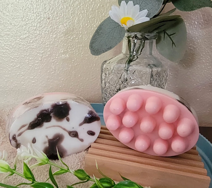 THE PASTURE&nbsp;MASSAGE BAR SOAP

4.5oz~127.5 grams

Sunflower fragrance is light and fresh with a hint of sunflowers.

Infused with Good old-fashioned fun &amp; good humor! 😊 These are sunflower and cow themed massage bar soap. Not only a cute and fun decoration... it will definitely put a smile on your face in the shower.&nbsp;

Goat Milk Soap Base~Fragrance Oil, Jojoba Oil, Red Marrocan Clay, Black &amp; Red colorant.

*Warning~For external use only. For eye contact~ flush eyes with water for 15 minute