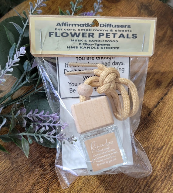 Affirmation Car Diffusers

0.25oz~7grams Glass &amp; Wood Bottles

Can be used in cars or small rooms

All come with a beautiful affirmation to remind us to be kind to ourselves. We are important and loved. ❤️

Available in 4 fragrances:

Flower Petals~ Shimmery White Liquid with a fresh Sandalwood and musk fragrance.

The Pine~ Shimmery Green Liquid with a fresh outdoor fragrance.

Tropical Jungle~ clear liquid with a tropical fruity fragrance.

Lotus~ clear liquid with a soft fresh and clean fragrance.


