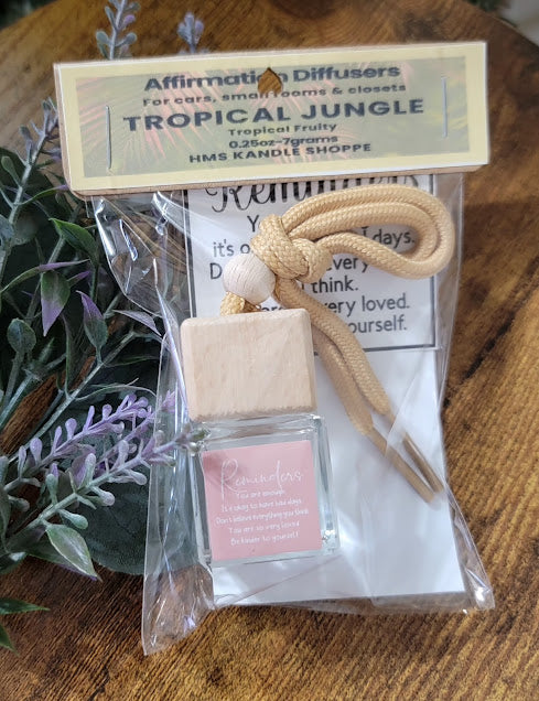 Affirmation Car Diffusers

0.25oz~7grams Glass &amp; Wood Bottles

Can be used in cars or small rooms

All come with a beautiful affirmation to remind us to be kind to ourselves. We are important and loved. ❤️

Available in 4 fragrances:

Flower Petals~ Shimmery White Liquid with a fresh Sandalwood and musk fragrance.

The Pine~ Shimmery Green Liquid with a fresh outdoor fragrance.

Tropical Jungle~ clear liquid with a tropical fruity fragrance.

Lotus~ clear liquid with a soft fresh and clean fragrance.


