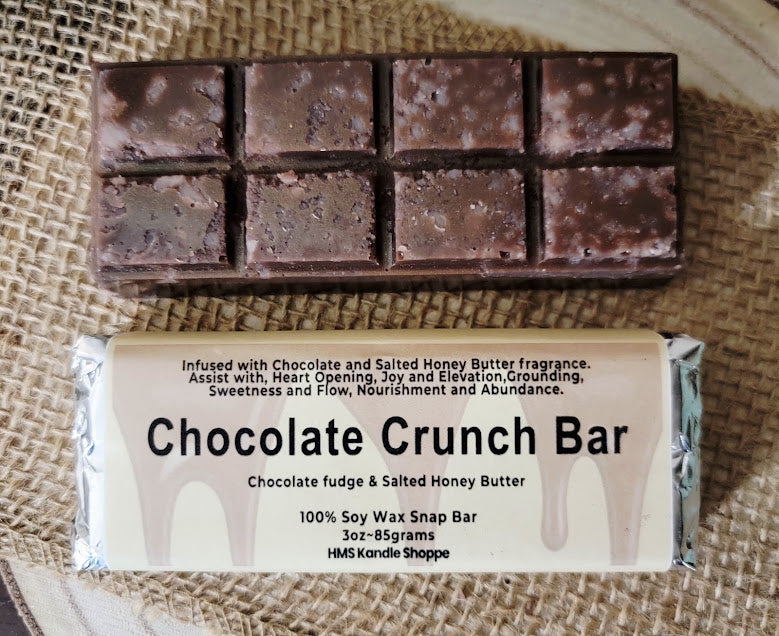 Chocolate Crunch Bar Wax Melts

3oz~85grams

100% Soy Wax Snap Bar

Chocolate fudge &amp; Salted Honey Butter Fragrance&nbsp;

Infused with Chocolate and Salted Honey Butter fragrance. Assist with, Heart Opening, Joy and Elevation, Grounding, Sweetness and Flow, Nourishment and Abundance.&nbsp;

These bars make great gifts for chocolate lovers!&nbsp;

Use and Warnings..

Snap a square off and place melt in Wax Warmer, Medium-High heat setting. Do not leave warmer unattended. Do not leave warmer on for more 