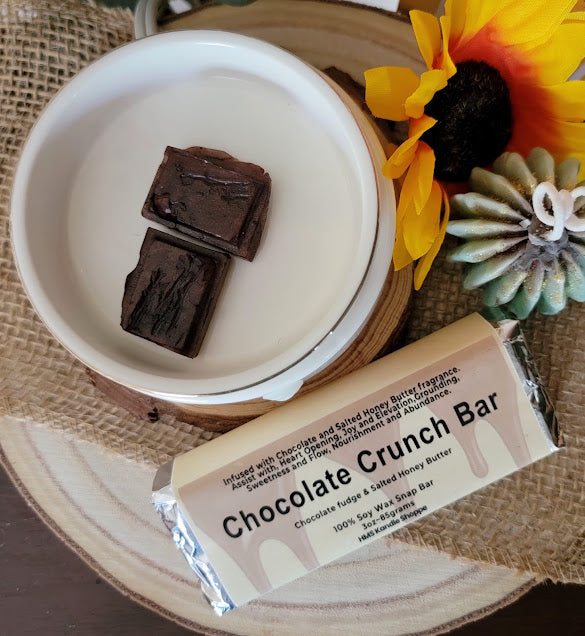 Chocolate Crunch Bar Wax Melts

3oz~85grams

100% Soy Wax Snap Bar

Chocolate fudge &amp; Salted Honey Butter Fragrance&nbsp;

Infused with Chocolate and Salted Honey Butter fragrance. Assist with, Heart Opening, Joy and Elevation, Grounding, Sweetness and Flow, Nourishment and Abundance.&nbsp;

These bars make great gifts for chocolate lovers!&nbsp;

Use and Warnings..

Snap a square off and place melt in Wax Warmer, Medium-High heat setting. Do not leave warmer unattended. Do not leave warmer on for more 