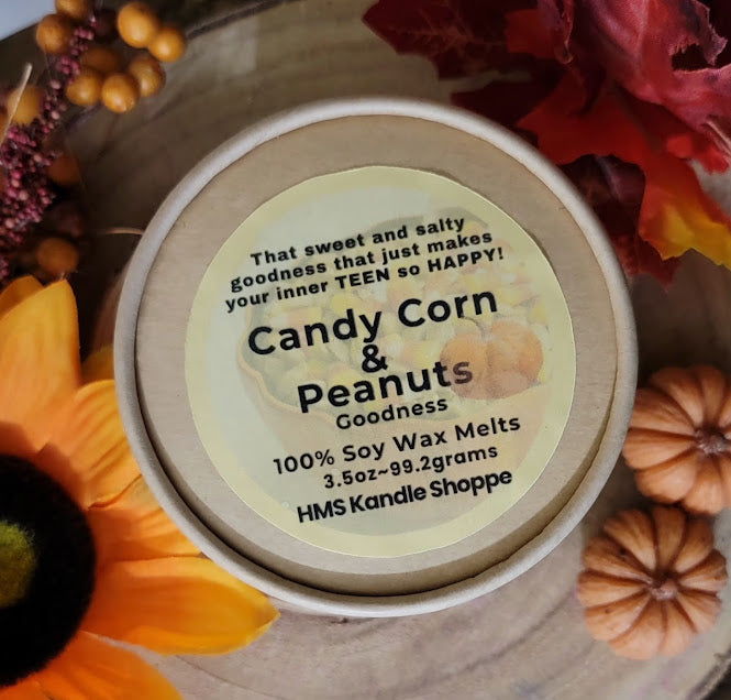 Candy Corn &amp;&nbsp;Peanuts Wax Melts

&nbsp;3.5oz~99.2grams

&nbsp;100% Soy Wax Melts

Goodness Fragrance- Candy Corn Candy &amp; Toffee Mix Fragrance

This candy mix... looks just like what we had as kids. Even the little pumpkins. How fun is this??

That sweet and salty goodness that just makes your inner TEEN so HAPPY!

DO NOT EAT!

*USE &amp; WARNING&nbsp;*

Place melt in Wax Warmer, Medium-High heat setting. Do not leave warmer unattended. Do not leave warmer on for more than 8 hours. Keep away from