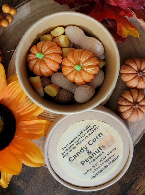 Candy Corn &amp;&nbsp;Peanuts Wax Melts

&nbsp;3.5oz~99.2grams

&nbsp;100% Soy Wax Melts

Goodness Fragrance- Candy Corn Candy &amp; Toffee Mix Fragrance

This candy mix... looks just like what we had as kids. Even the little pumpkins. How fun is this??

That sweet and salty goodness that just makes your inner TEEN so HAPPY!

DO NOT EAT!

*USE &amp; WARNING&nbsp;*

Place melt in Wax Warmer, Medium-High heat setting. Do not leave warmer unattended. Do not leave warmer on for more than 8 hours. Keep away from